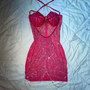 Pink Mesh dress With rhinestones and chains.
